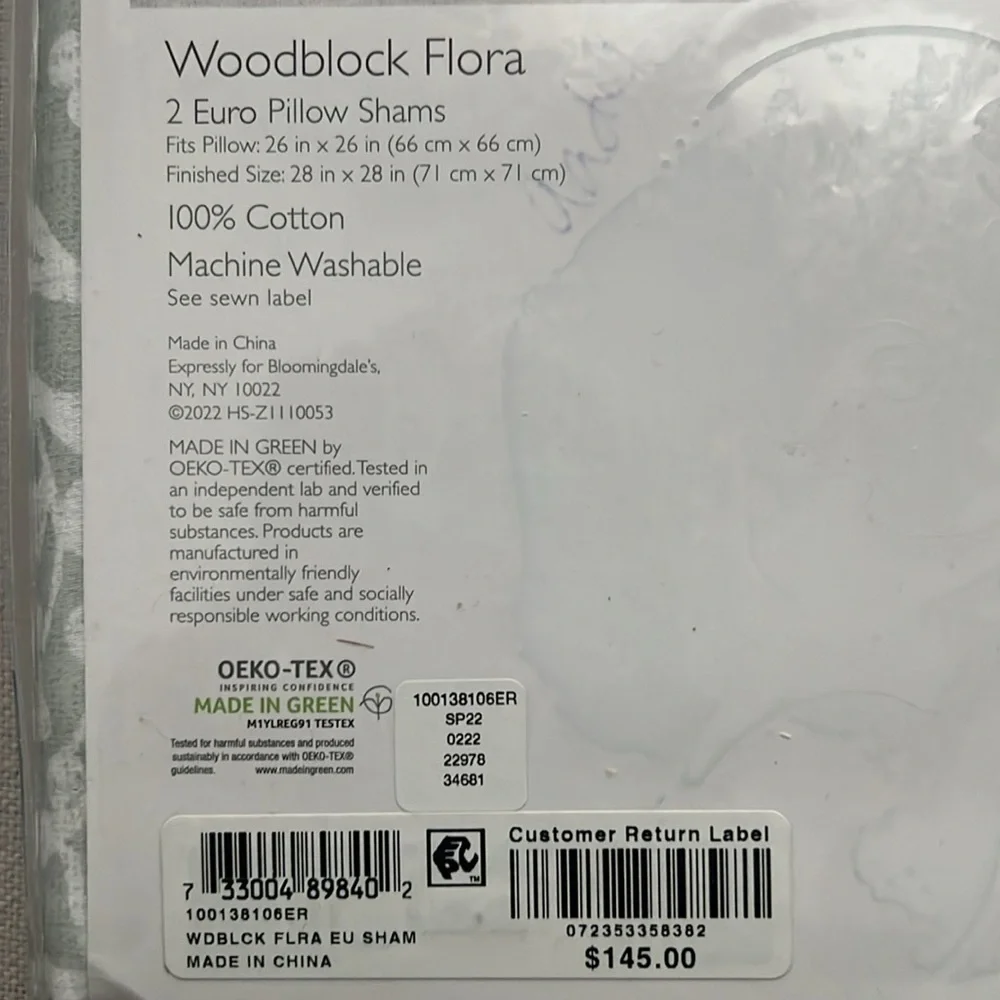 2 Sky Woodblock Flora Euro Shams in Grey/White, New w/Tag $145